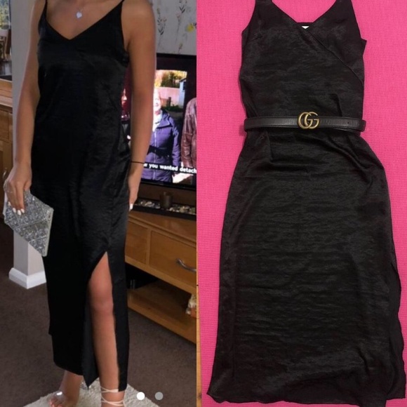 H&M black long silky dress XS + free belt ! - Picture 1 of 4